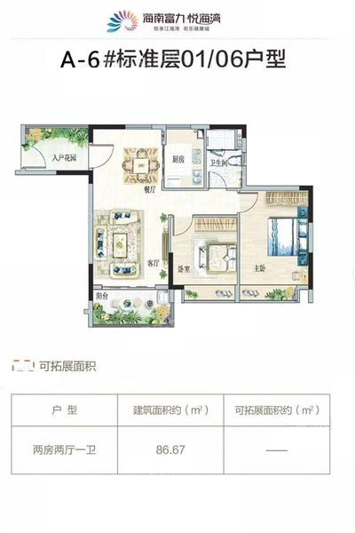 富力悅海灣A-6#01-06戶型2室2廳1衛(wèi)1廚86.67㎡