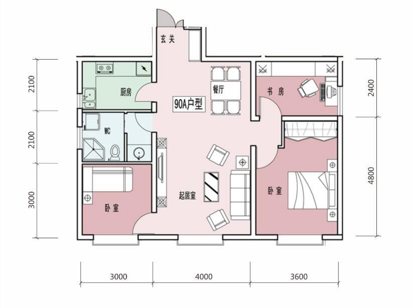 兗礦大廈·圣隆嘉苑B戶型 三室兩廳一衛(wèi) 90m2