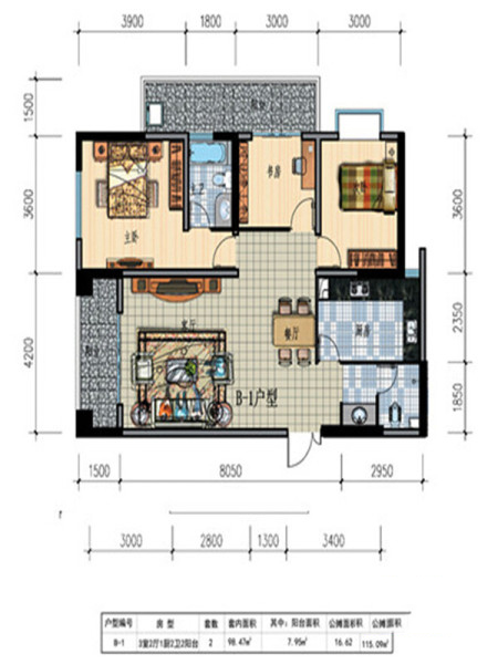 B-1戶型 3室2廳2衛(wèi)1廚 98.47㎡