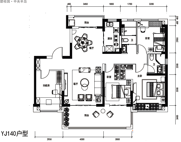 碧桂園·中央半島碧桂園·中央半島愛琴海YJ140戶型圖4室2廳2衛(wèi)1廚建面 142.00㎡