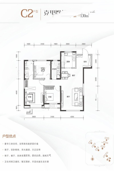 陽(yáng)光城·文瀾公館【克里姆林】130㎡三室兩廳兩衛(wèi) 136.5萬元-套