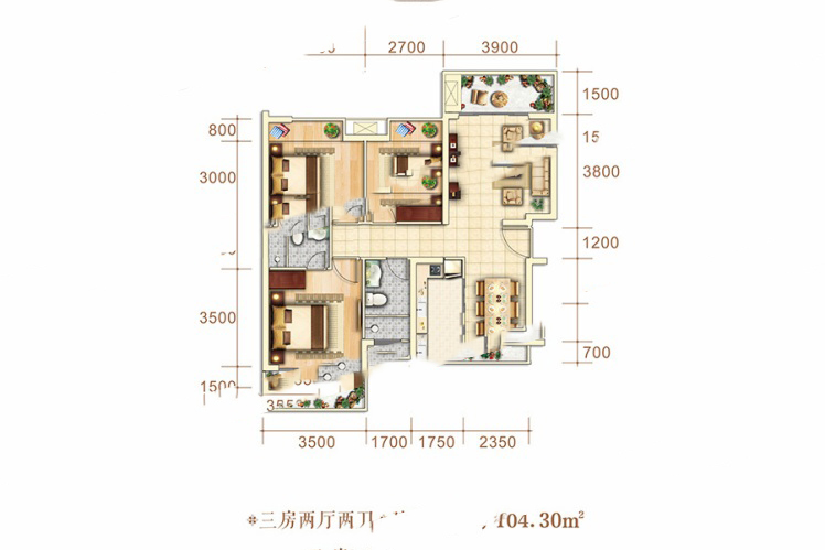 博泰·海畔瀾廷E戶型 3室2廳2衛(wèi)1廚 104.3㎡