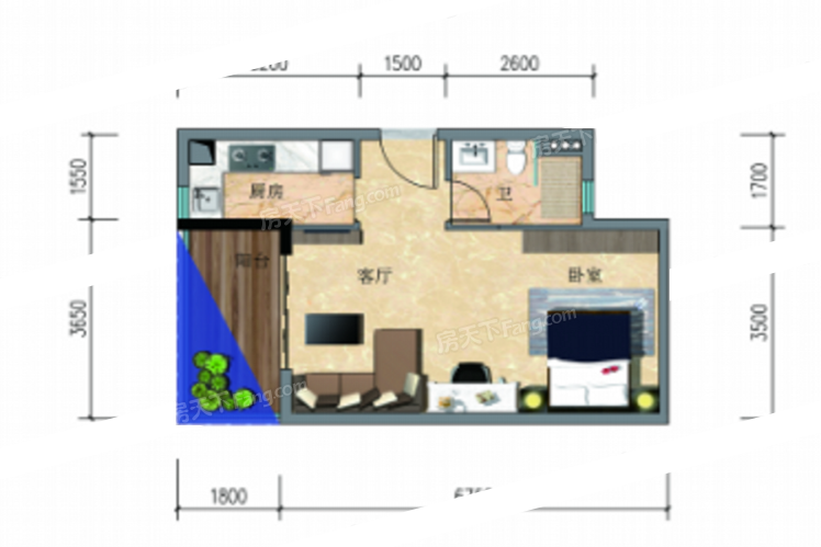 狀元坊C戶型 1室1廳1衛(wèi)1廚 49.2㎡ 31.98萬元-套