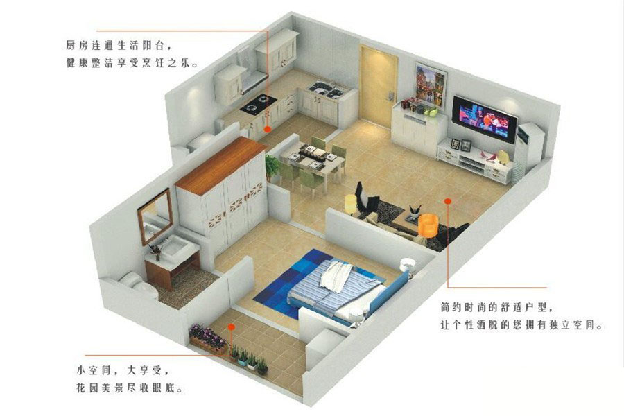 尚品愛琴海D型戶型 1室1廳1衛(wèi)1廚 44㎡ 15.4萬元-套