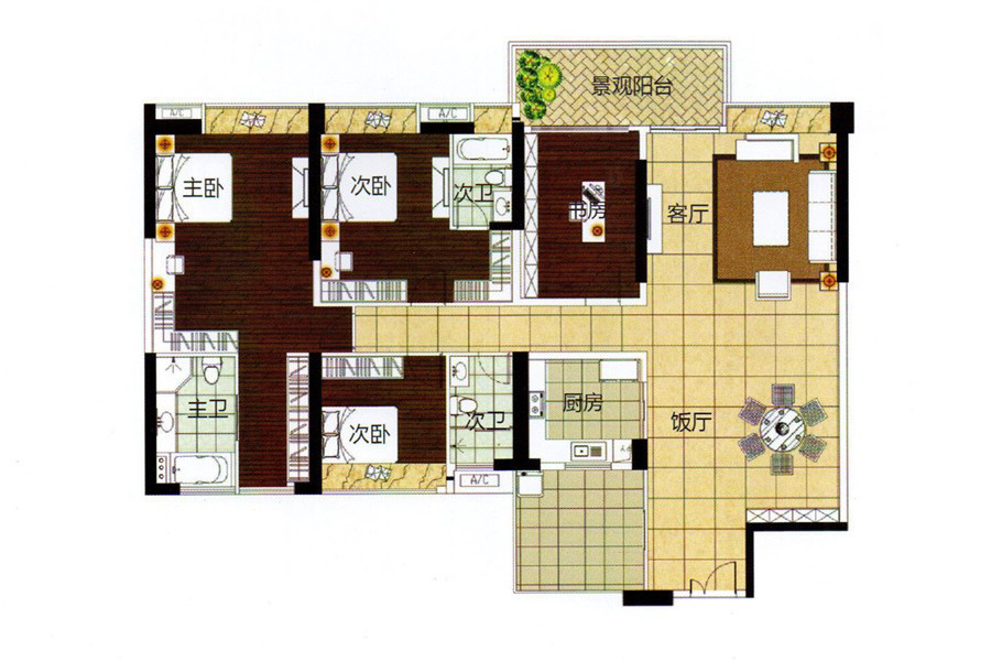 鉑金豪宅Q戶型 4室2廳2衛(wèi)1廚 210㎡