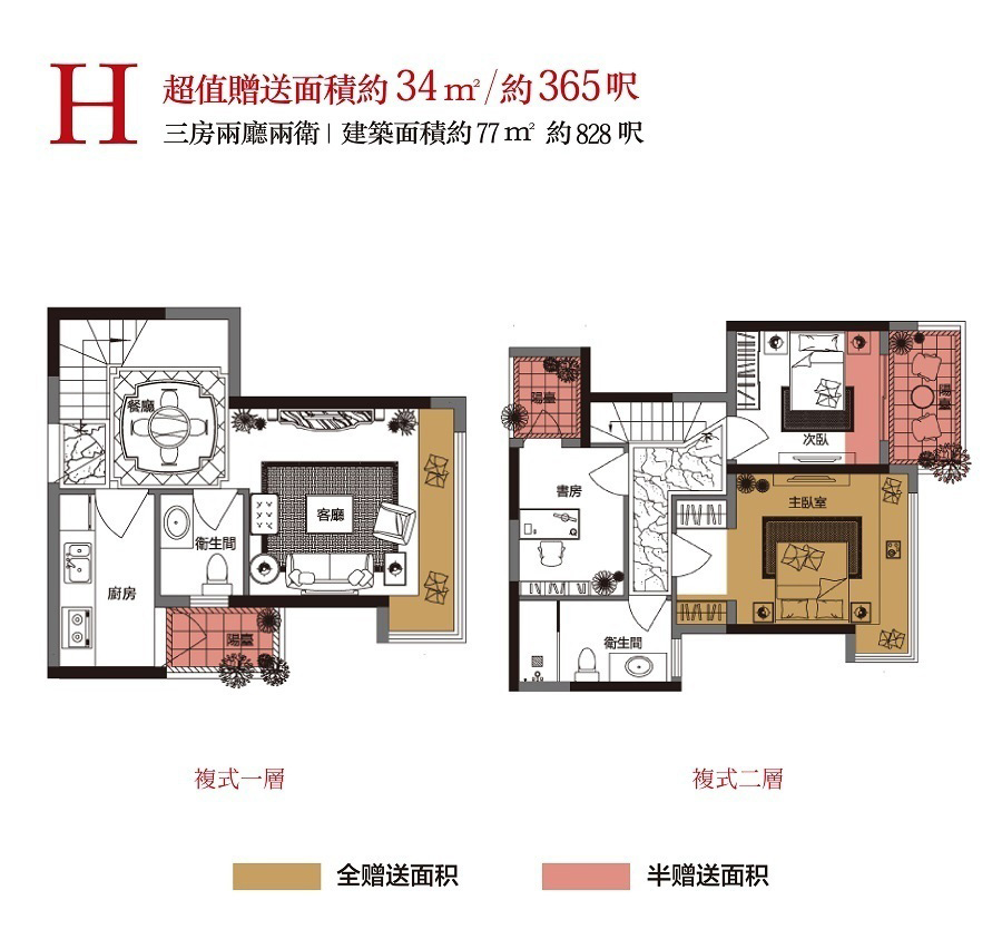 K2·荔枝灣H戶型 3室2廳2衛(wèi)1廚 77㎡ 385萬元-套