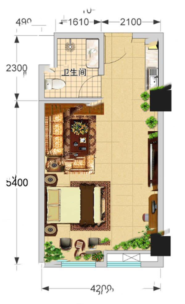 版納故事9棟A座戶型平面圖 1室1廳1衛(wèi)1廚 42.99㎡