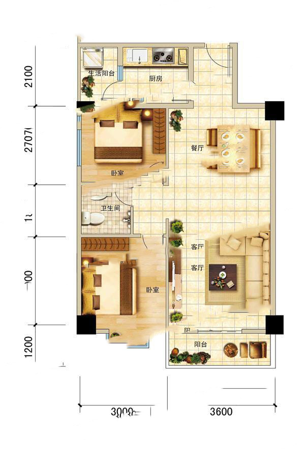 版納故事11棟B戶型 2室2廳1衛(wèi)1廚 76.65㎡