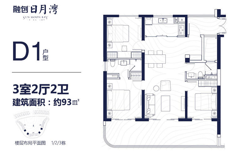 融創(chuàng)日月灣D1戶型 3室2廳2衛(wèi) 建面93㎡