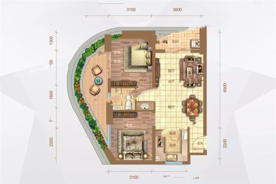 東站國(guó)際商業(yè)廣場(chǎng)H戶型 2室2廳1衛(wèi)1廚 85.04-85.54㎡