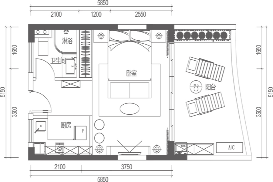 保利·半島1號(hào)一期A11戶型 1室1廳1衛(wèi)1廚 建面46㎡