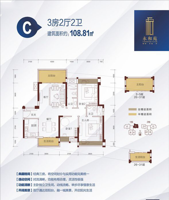 C戶型 3室2廳2衛(wèi)1廚 108.81㎡