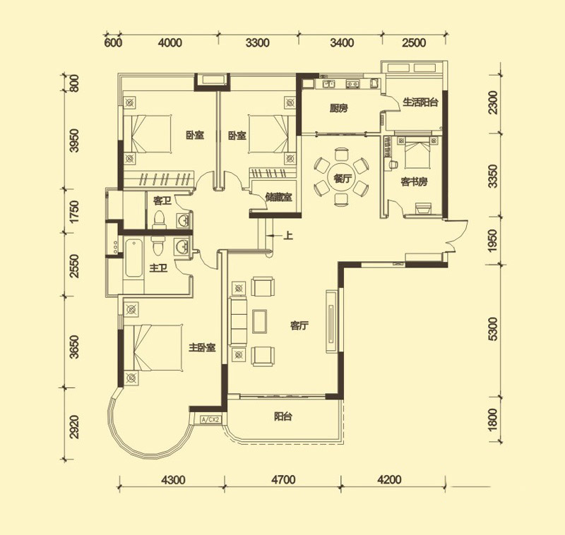 二期M系標(biāo)準(zhǔn)層A戶型 4室2廳2衛(wèi)1廚 174㎡