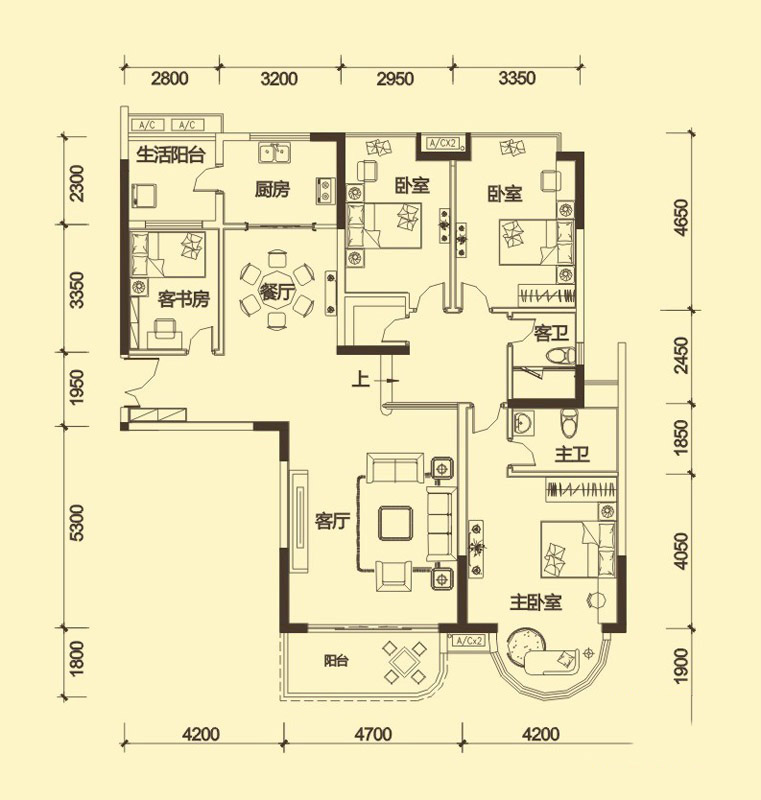 二期M系標(biāo)準(zhǔn)層B戶型 4室2廳2衛(wèi)1廚 164㎡