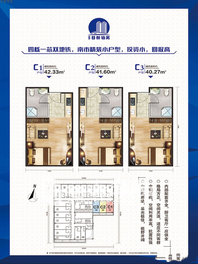 日新粵寓日新粵寓C1、2、3戶型1室1廳1衛(wèi)1廚 建面40.27㎡