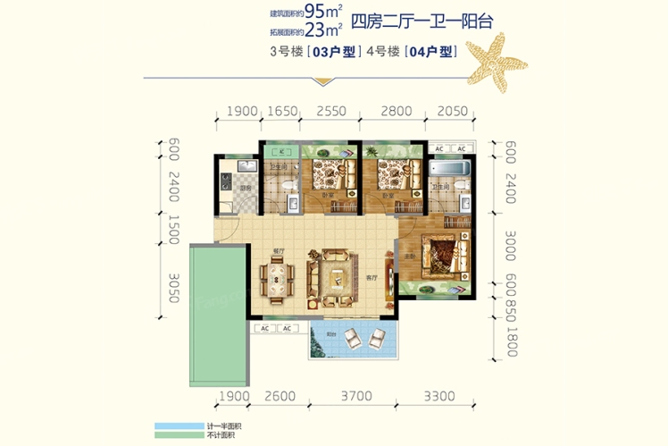 君臨.蔚藍(lán)海岸3號(hào)樓03戶型、4號(hào)樓04戶型95㎡