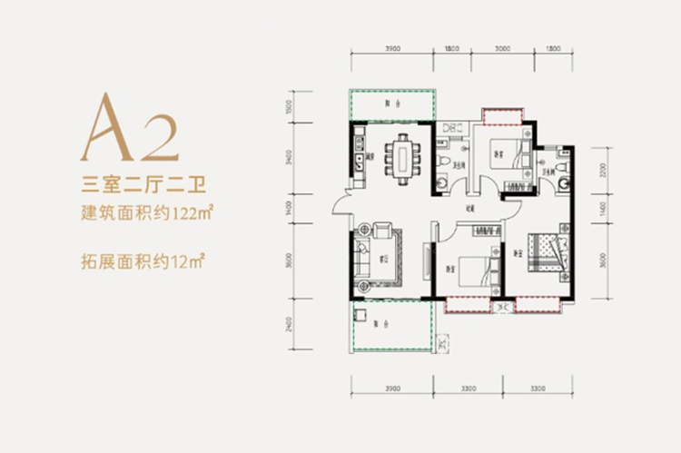 云鼎·鳳凰城A2戶型圖 3室2廳1衛(wèi)1廚  122 ㎡