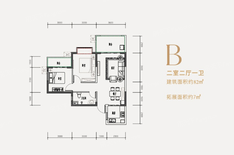 云鼎·鳳凰城B戶型圖 2室2廳1衛(wèi)1廚  82 ㎡