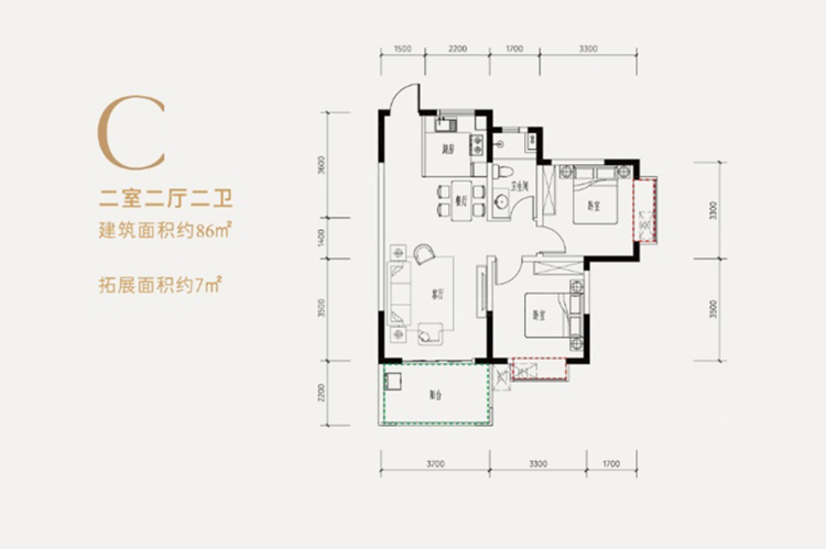 云鼎·鳳凰城C戶型圖 2室2廳1衛(wèi)1廚 86 ㎡